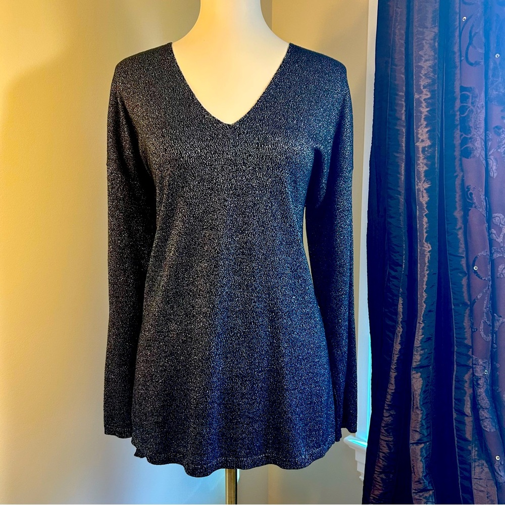 INC Holiday Charcoal V-Neck Sparkly Lightweight Long sleeved top Size L